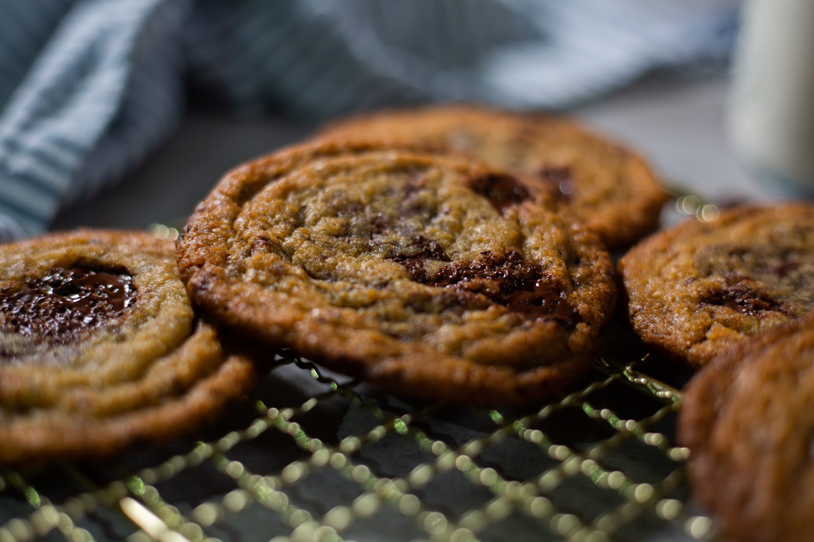 Close-up of pan banging chocolate chip cookies on a rack, milk blurred behind