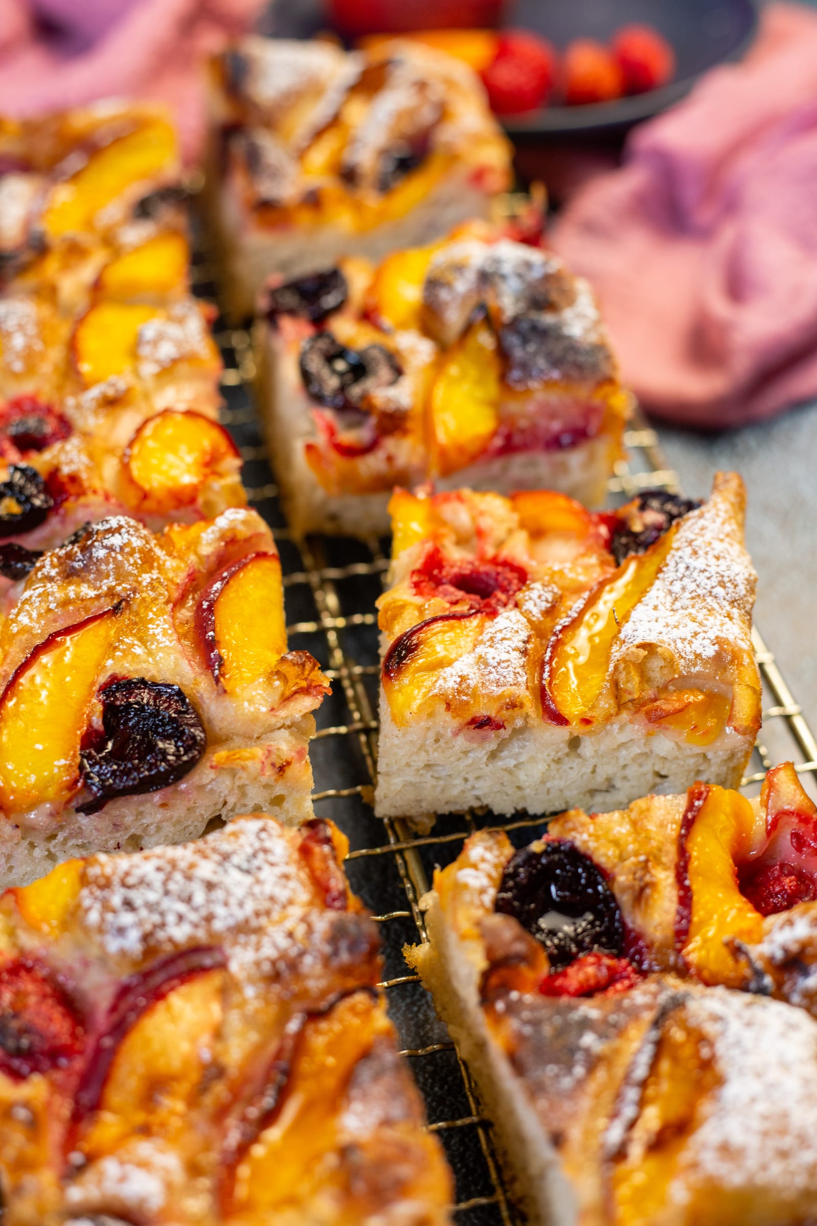 Squares of focaccia dusted with sugar