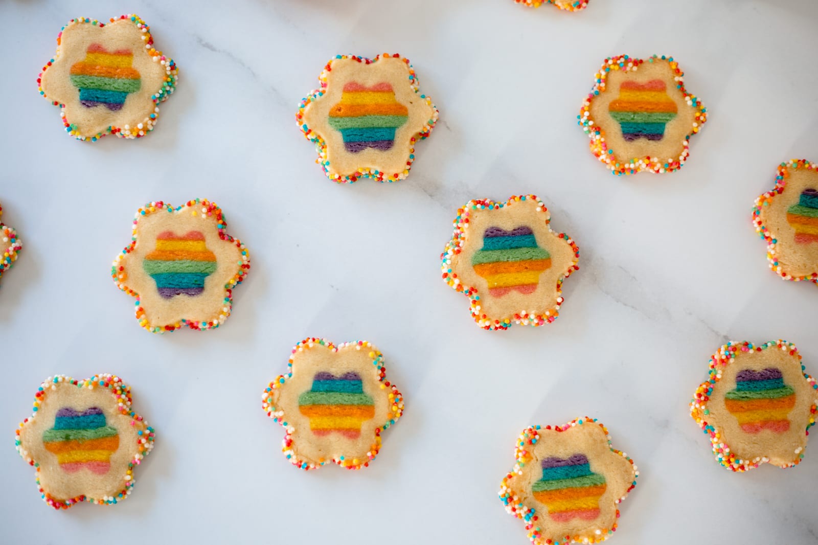 Rainbow cookies with sprinkle-rimmed edges spaced across white marble, from above