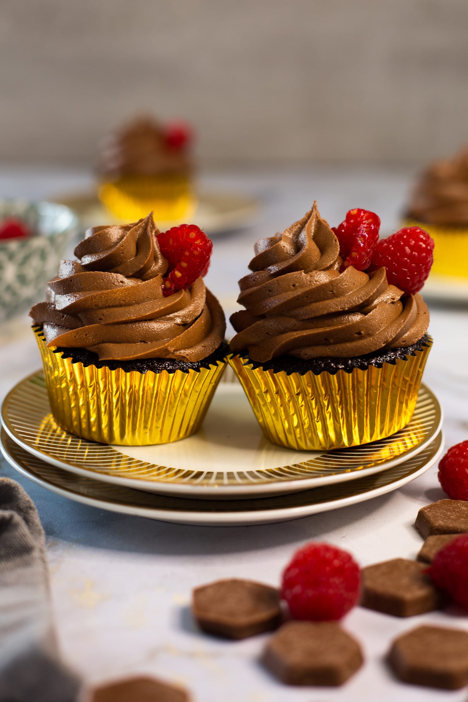 Two ultimate triple chocolate cupcakes topped with raspberries on stacked gold-rimmed plates