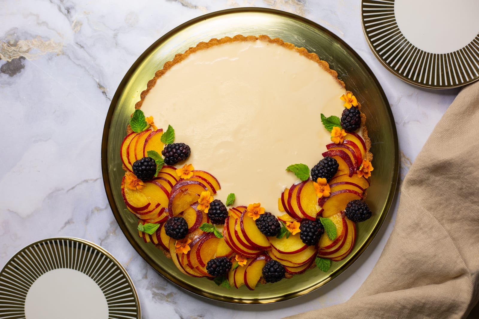 The peach and blackberry version of the panna cotta tart, from above