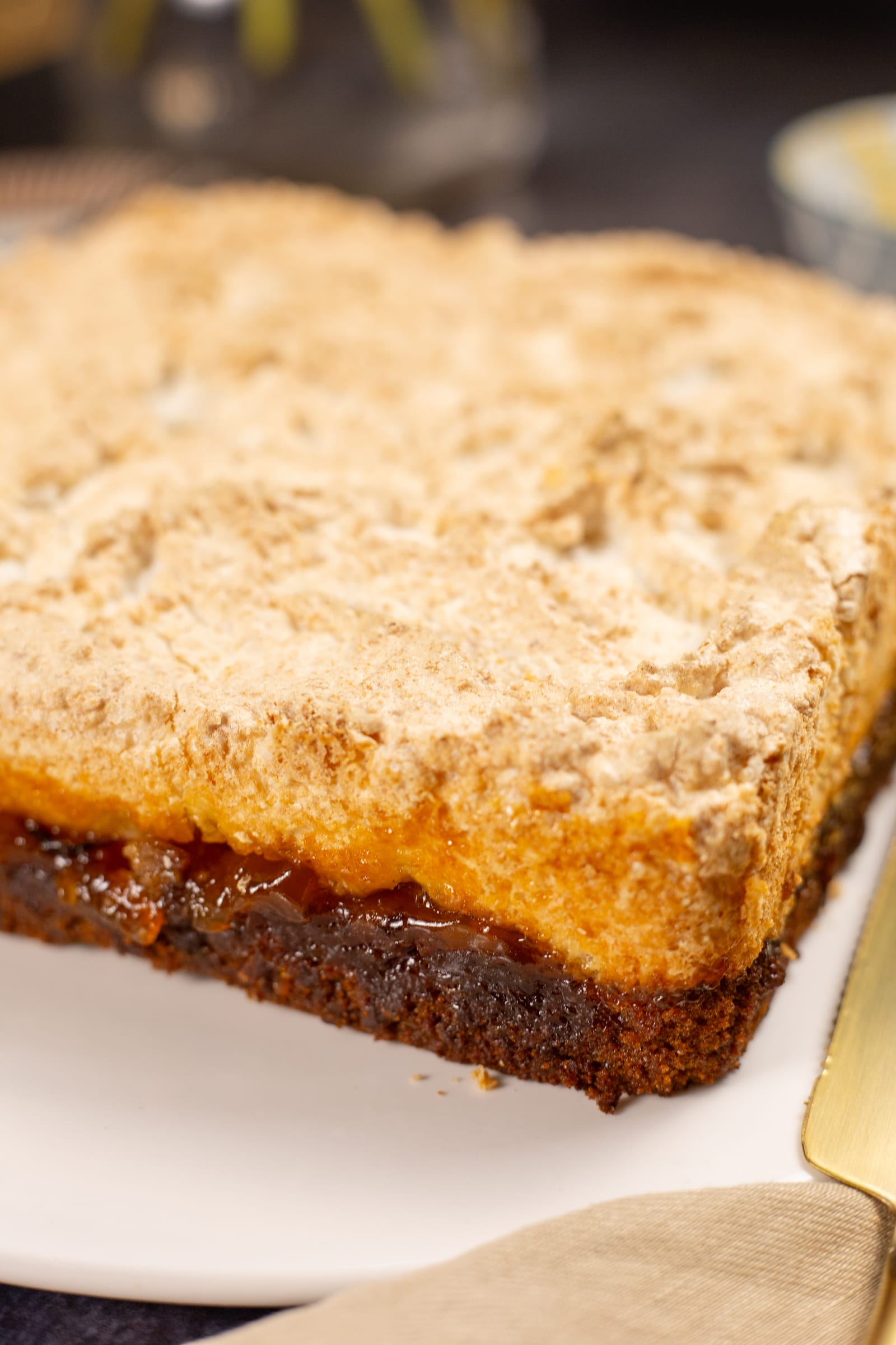 Close-up of the uncut slice, with its crisp coconut meringue top