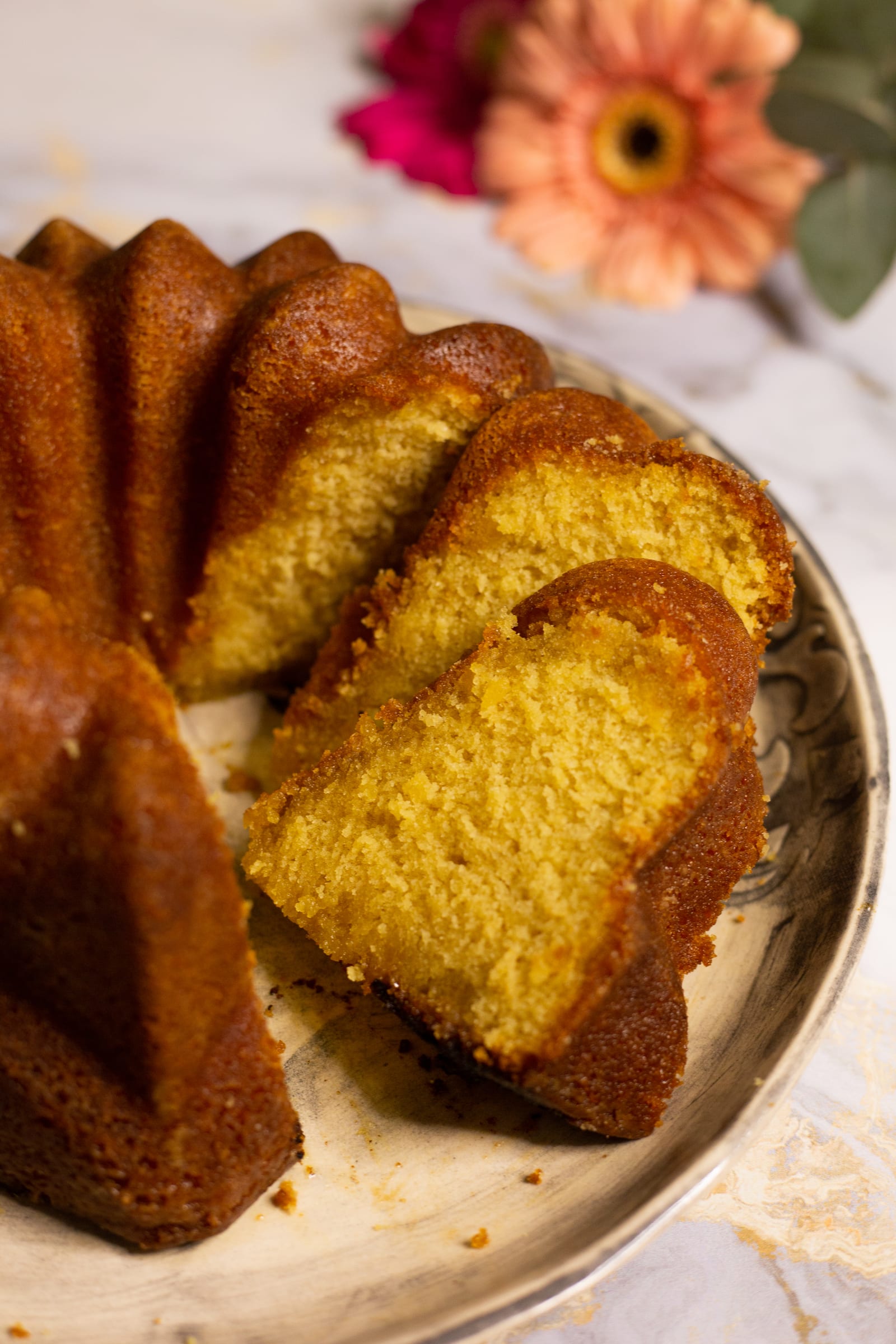 Slices of Kentucky butter cake showing the soft, buttery crumb and caramelised crust