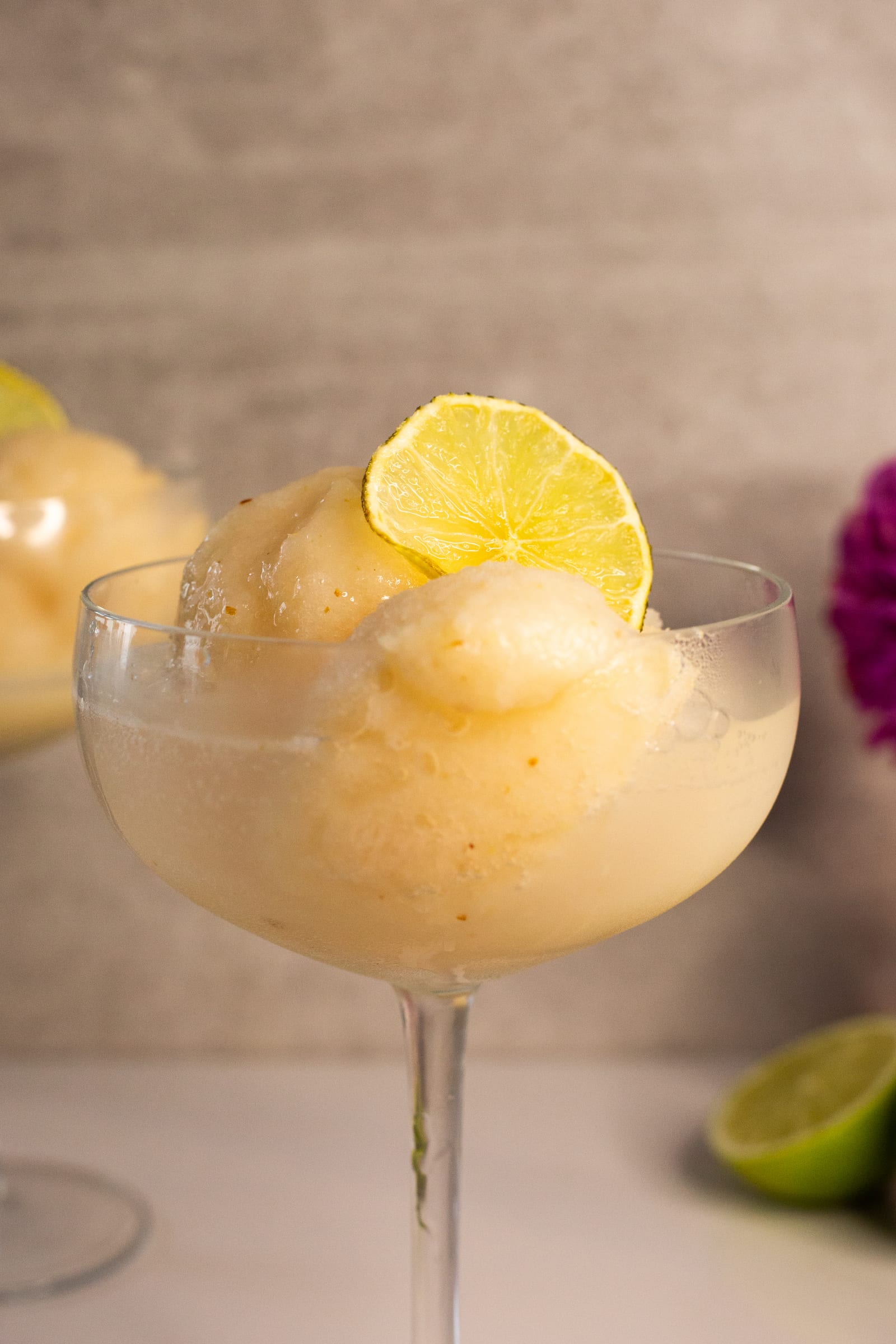 A single coupe of litchi and lemon sorbet with a citrus wheel, from the side