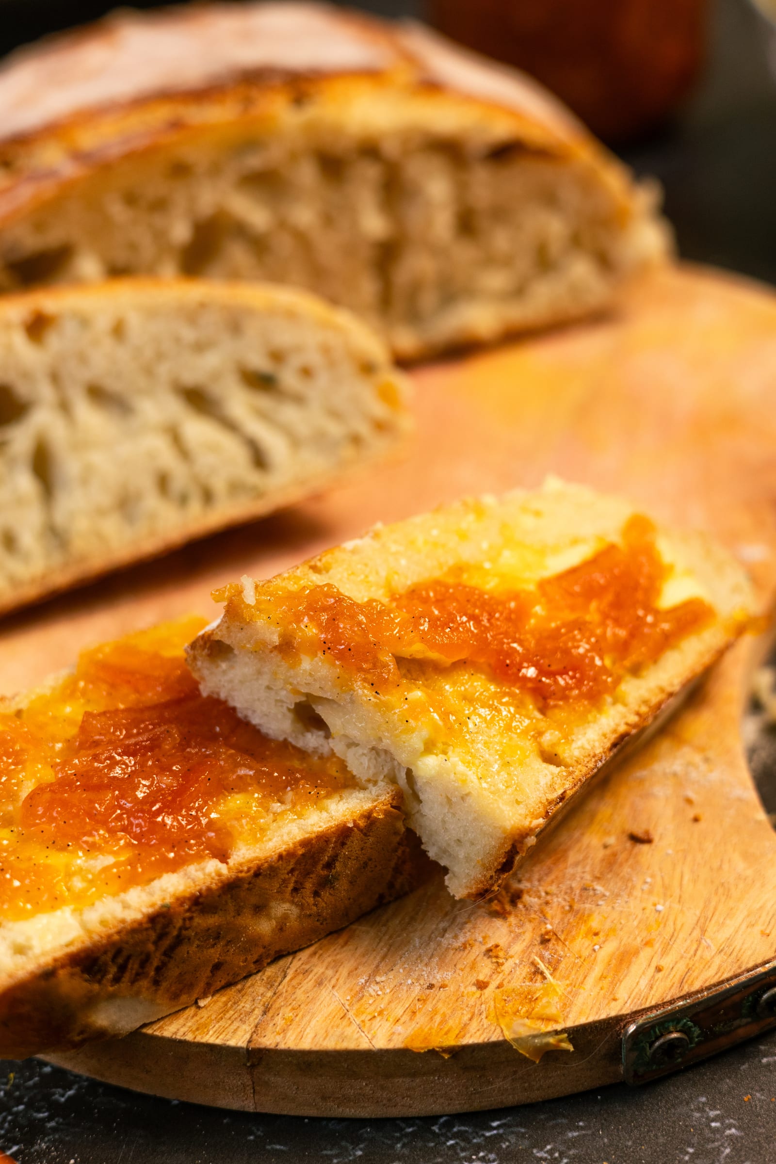 Close-up of a slice of bread spread with marmalade