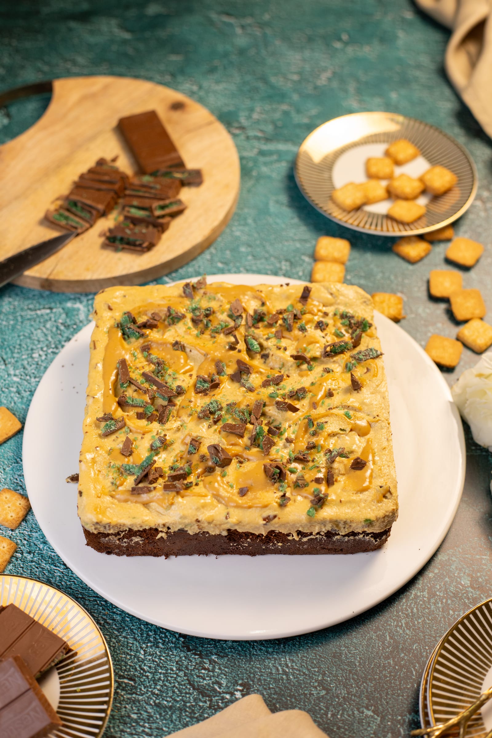 The whole peppermint crisp traybake on a plate, from above