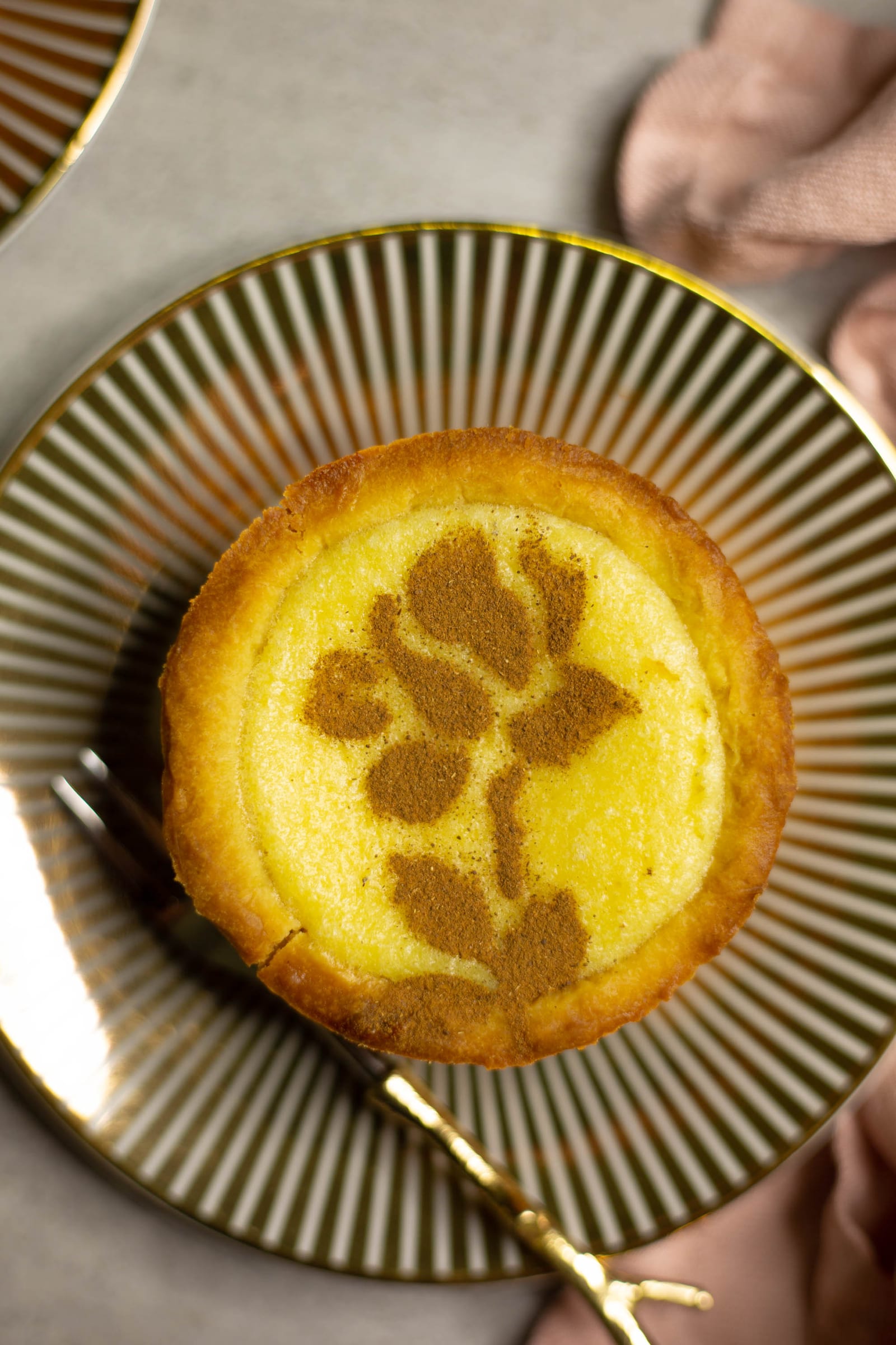 Close-up of the cinnamon rose stencilled on a mini milktart, from above