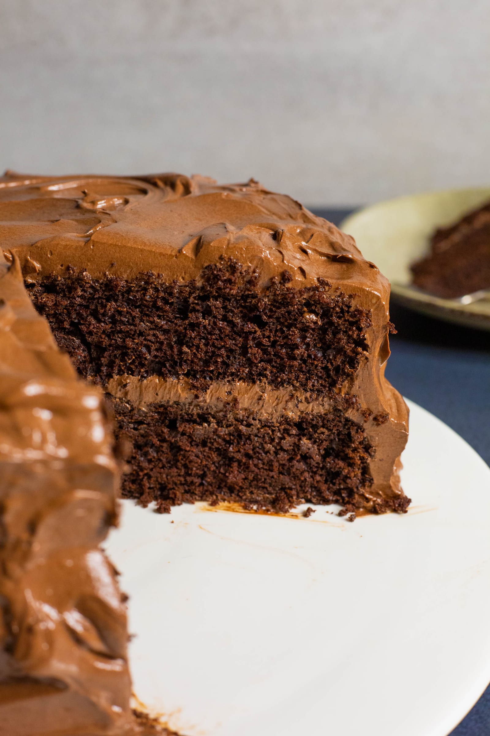 Close-up of the two dark layers and fudge frosting in a cut chocolate fudge cake