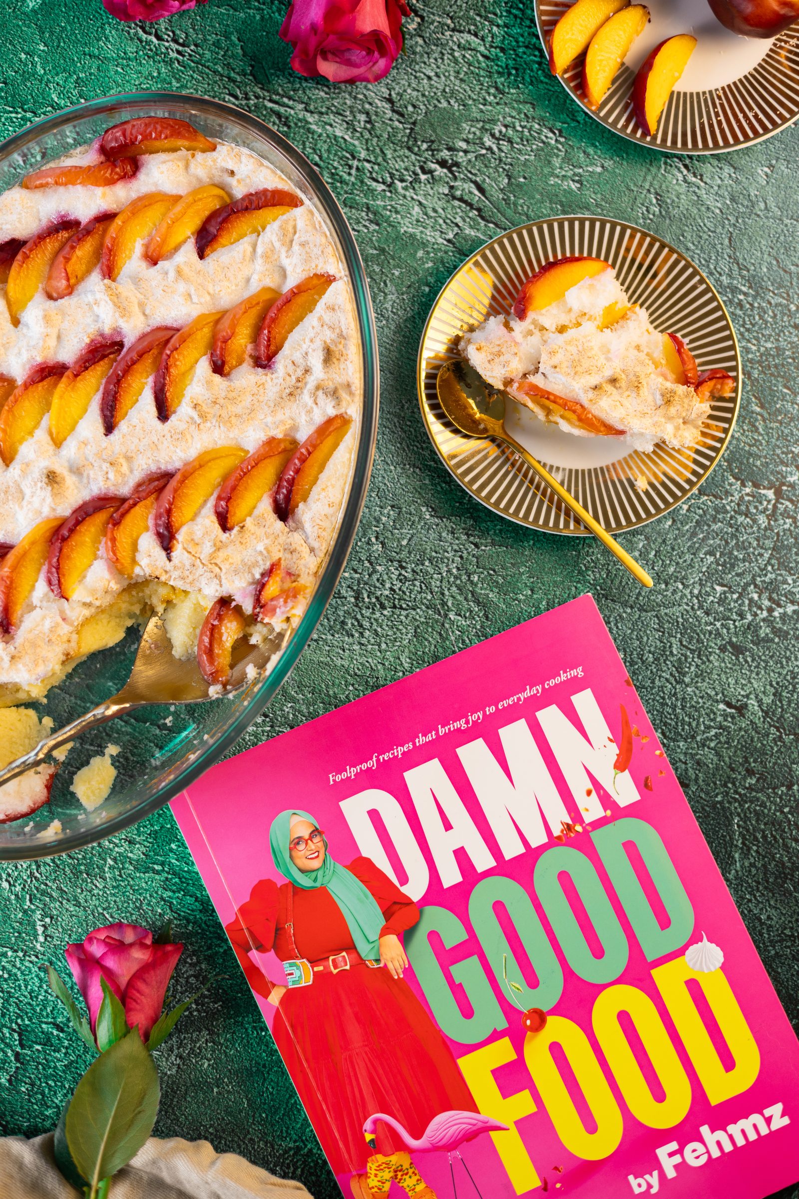 Fehmz coconut pudding from above next to a copy of Damn Good Food by Fehmz