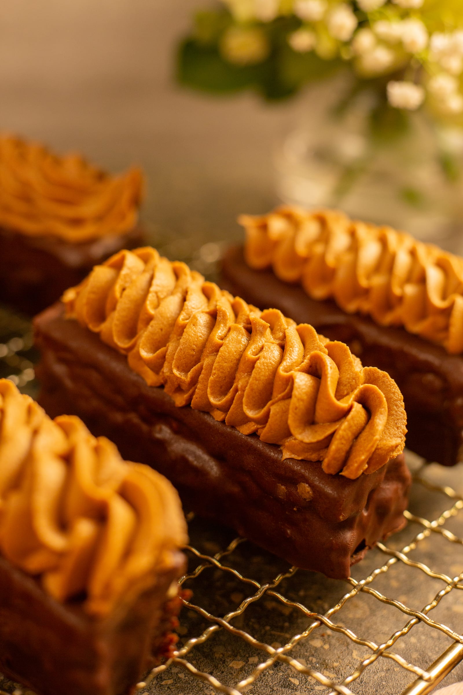 Close-up of a channa magaj and chocolate brownie finger, showing the dense brownie under the piped ganache