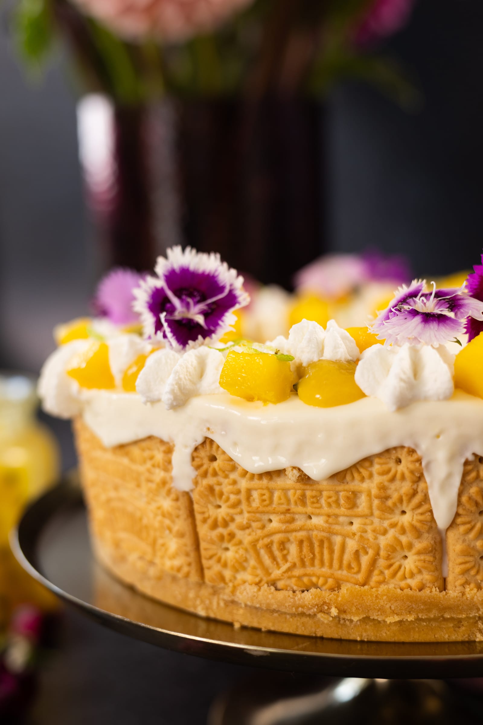 The side of the ice cream cake, showing its biscuit base