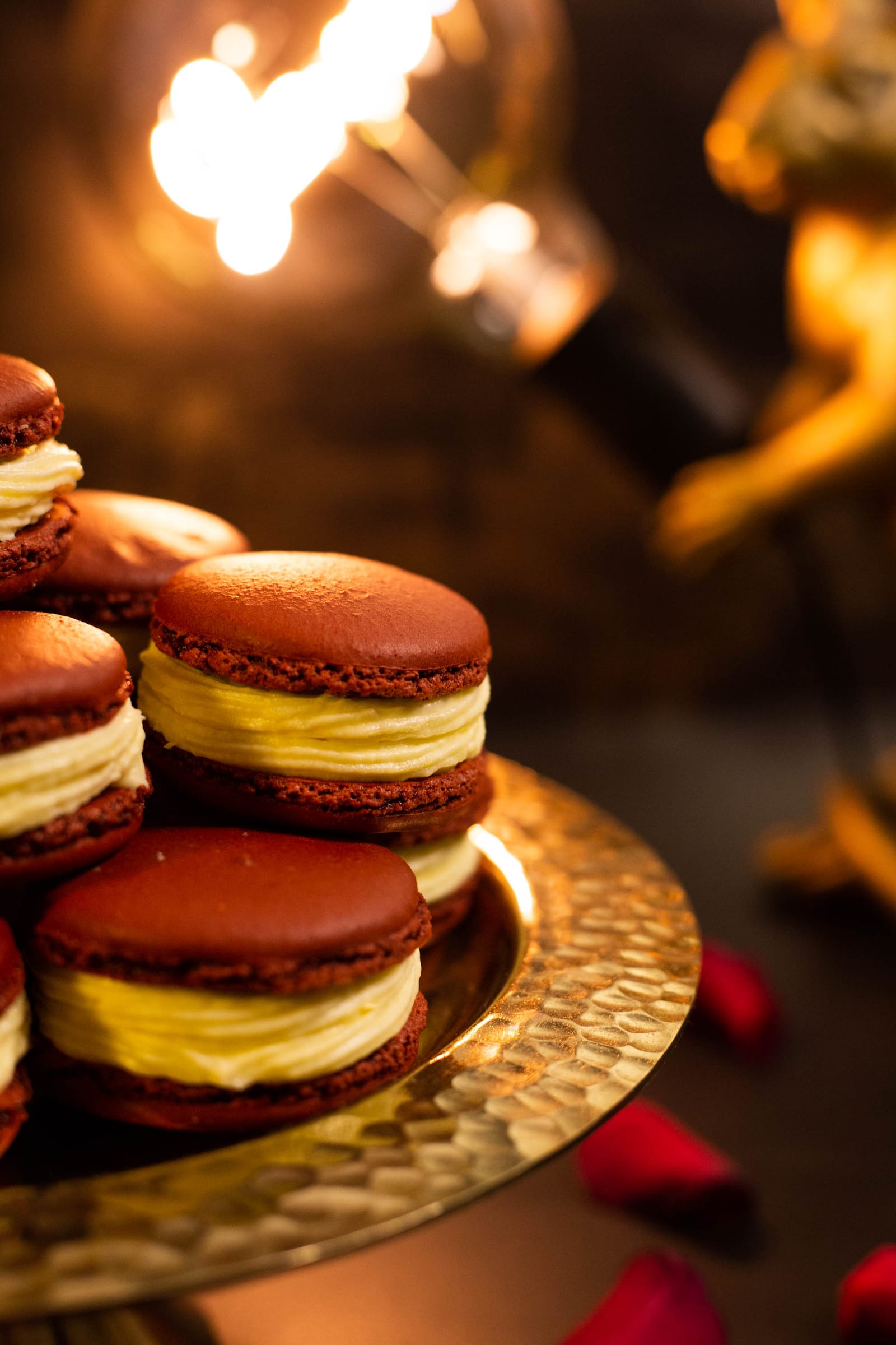 Close-up of stacked red velvet macarons