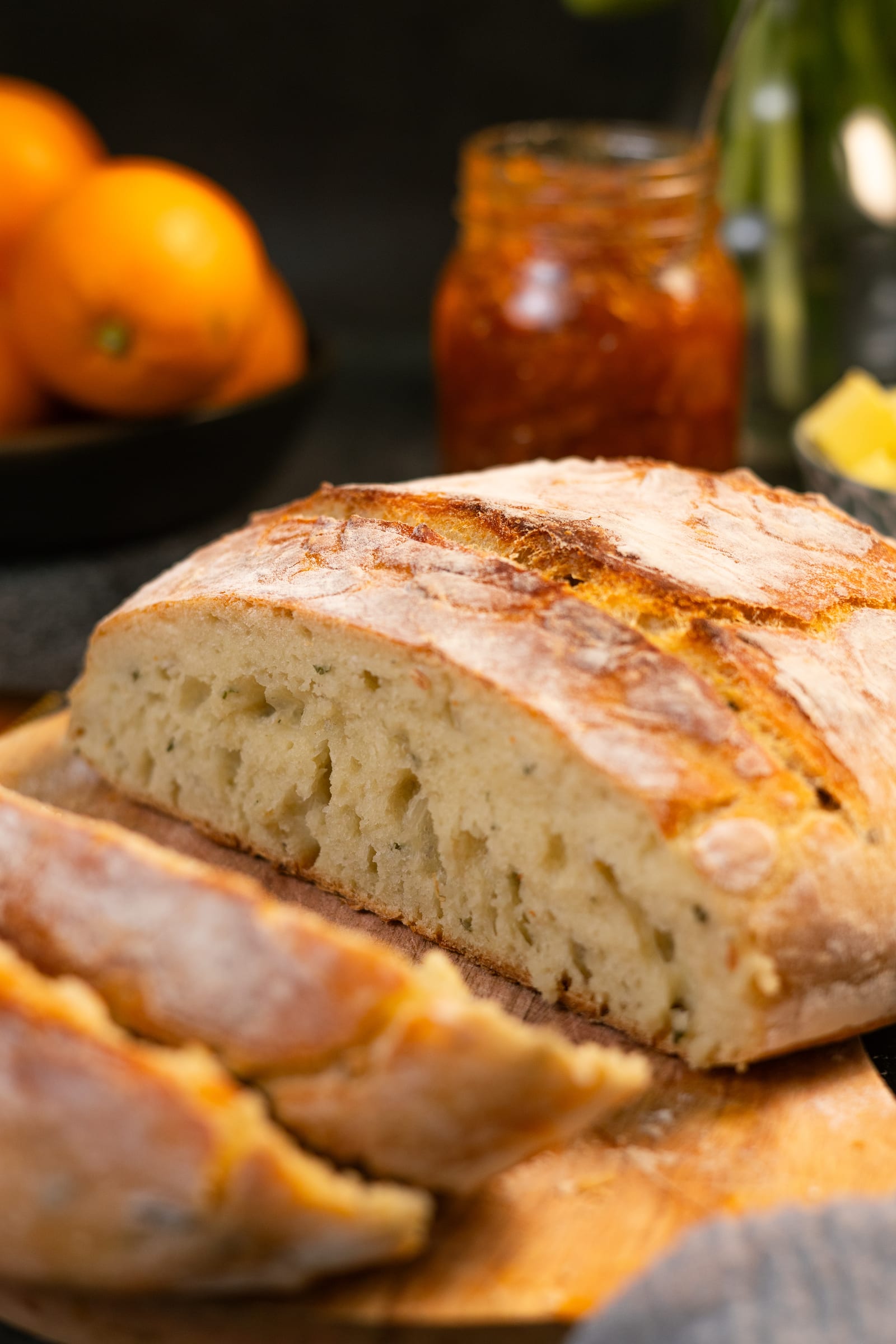Close-up of the sliced loaf, showing its open crumb