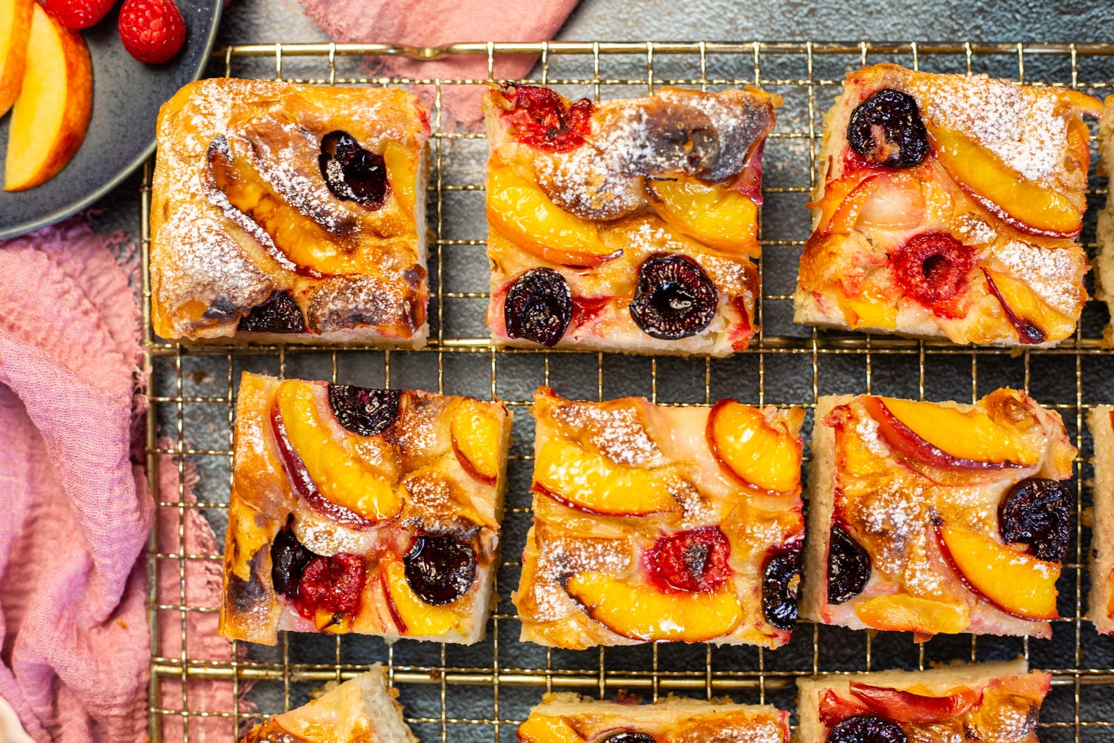 The focaccia cut into squares, from above