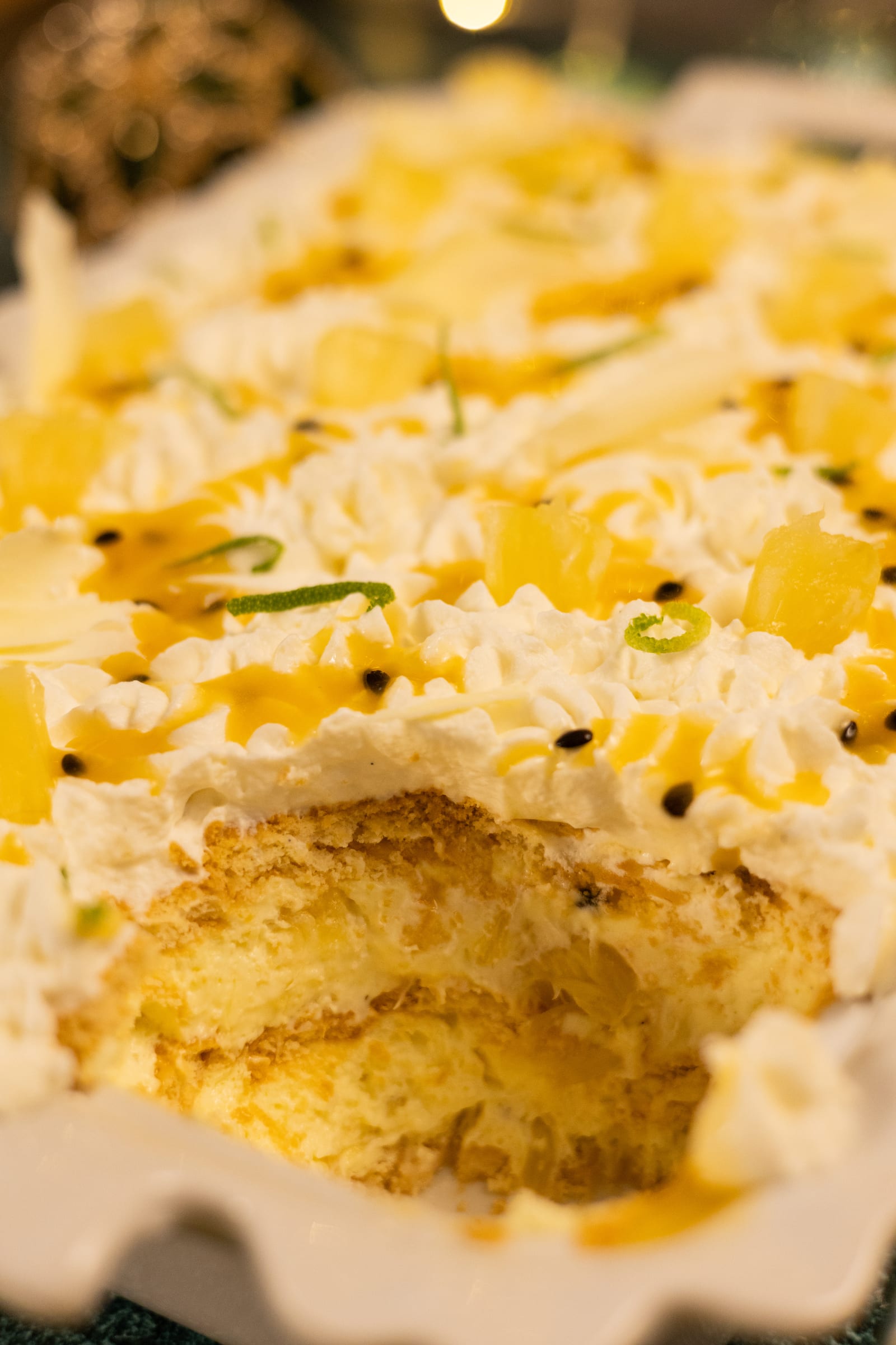 The fridge tart with a portion scooped out