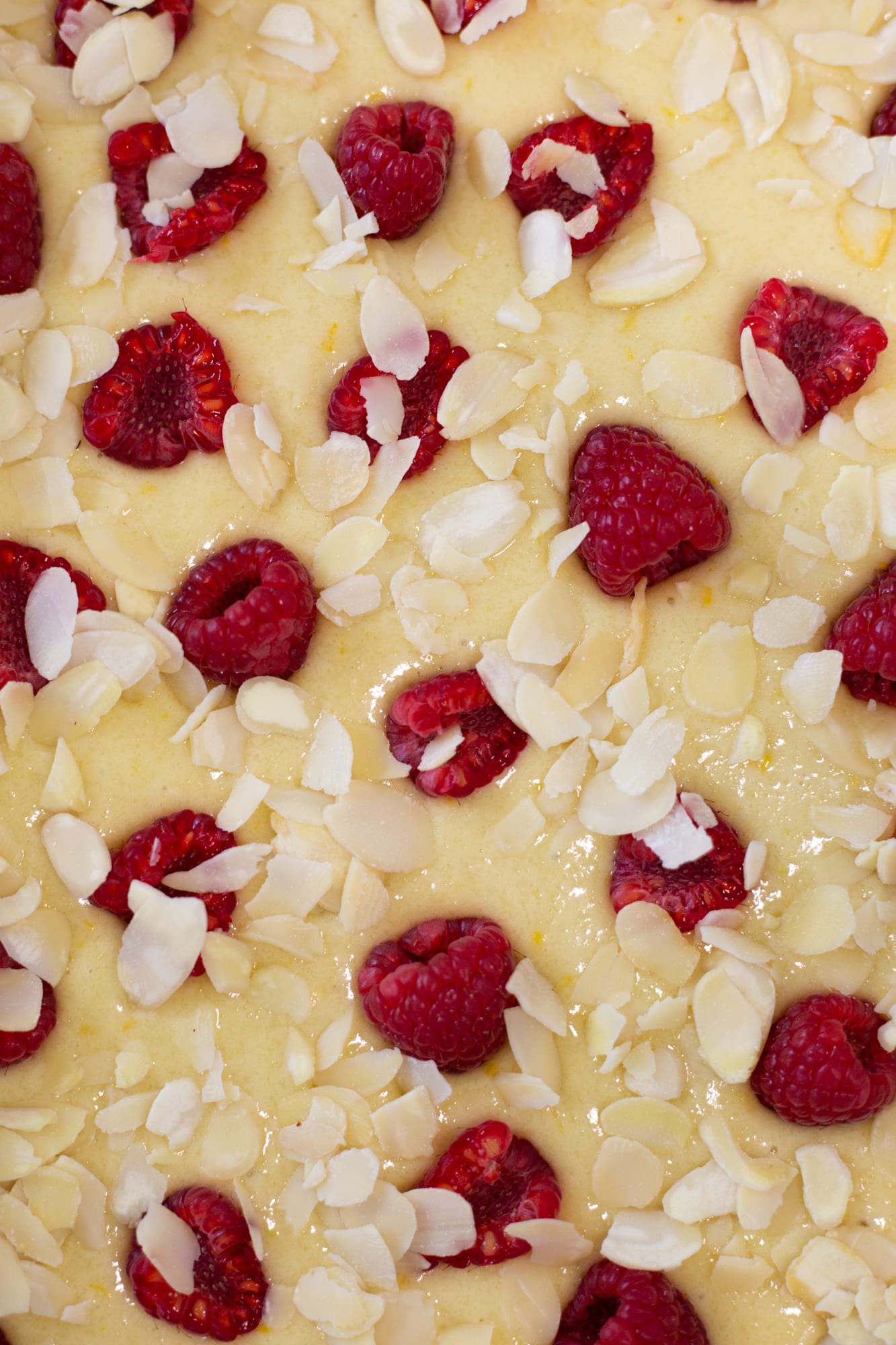 Raspberries and flaked almonds on the cake batter, before baking