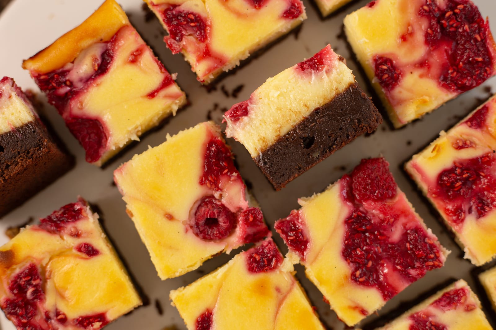 Brownie bars from above, swirled with raspberry ripple