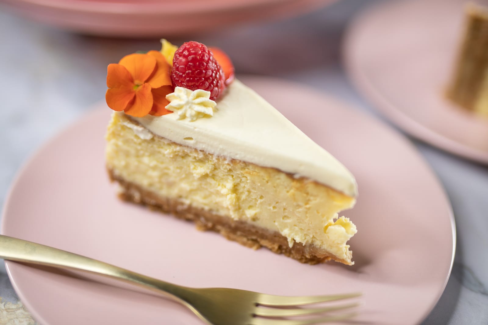 Close-up of a slice of creamy lemon cheesecake showing the filling and biscuit base, with a gold fork
