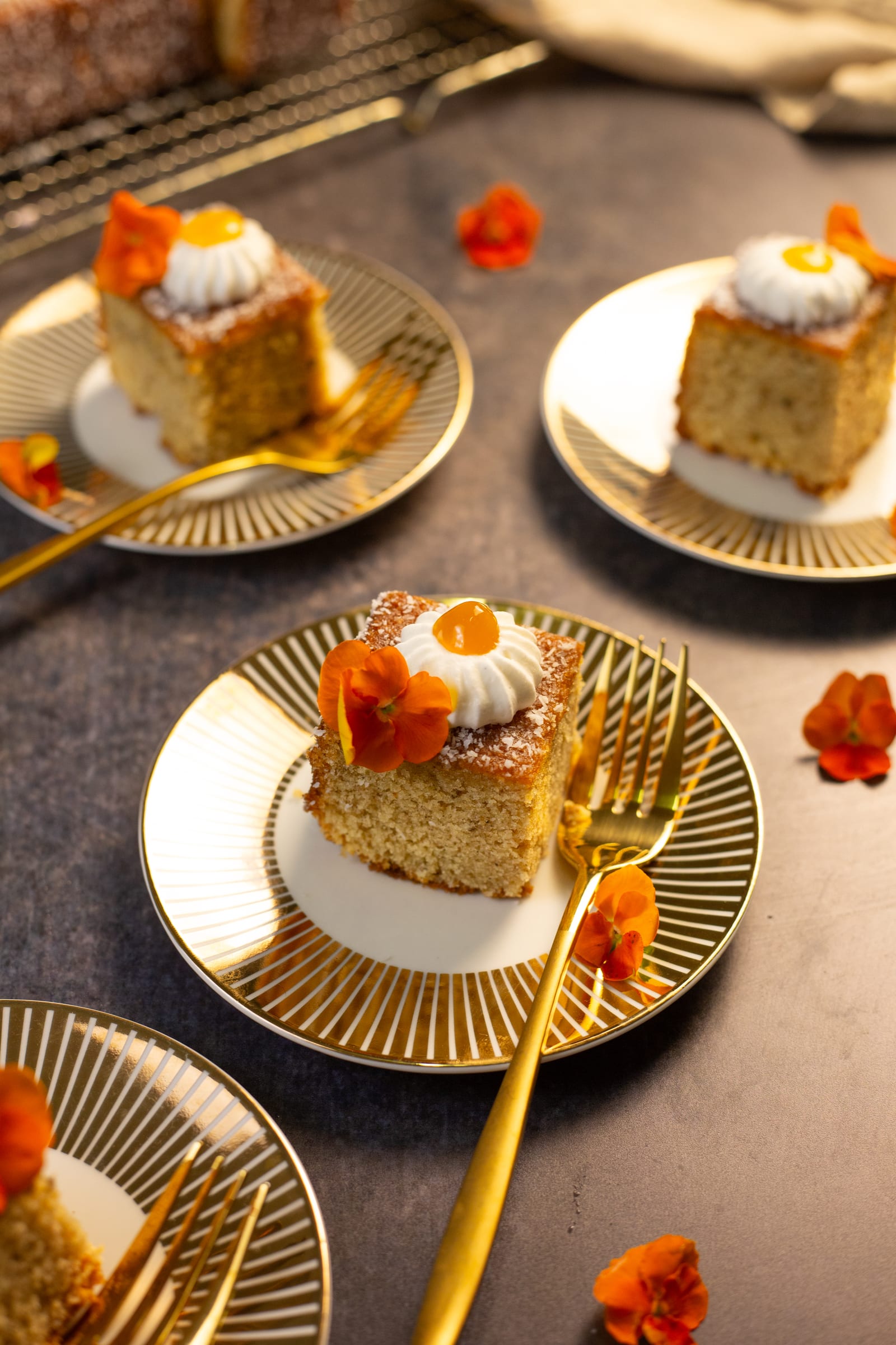 Squares of koesister traybake on gold plates, from above