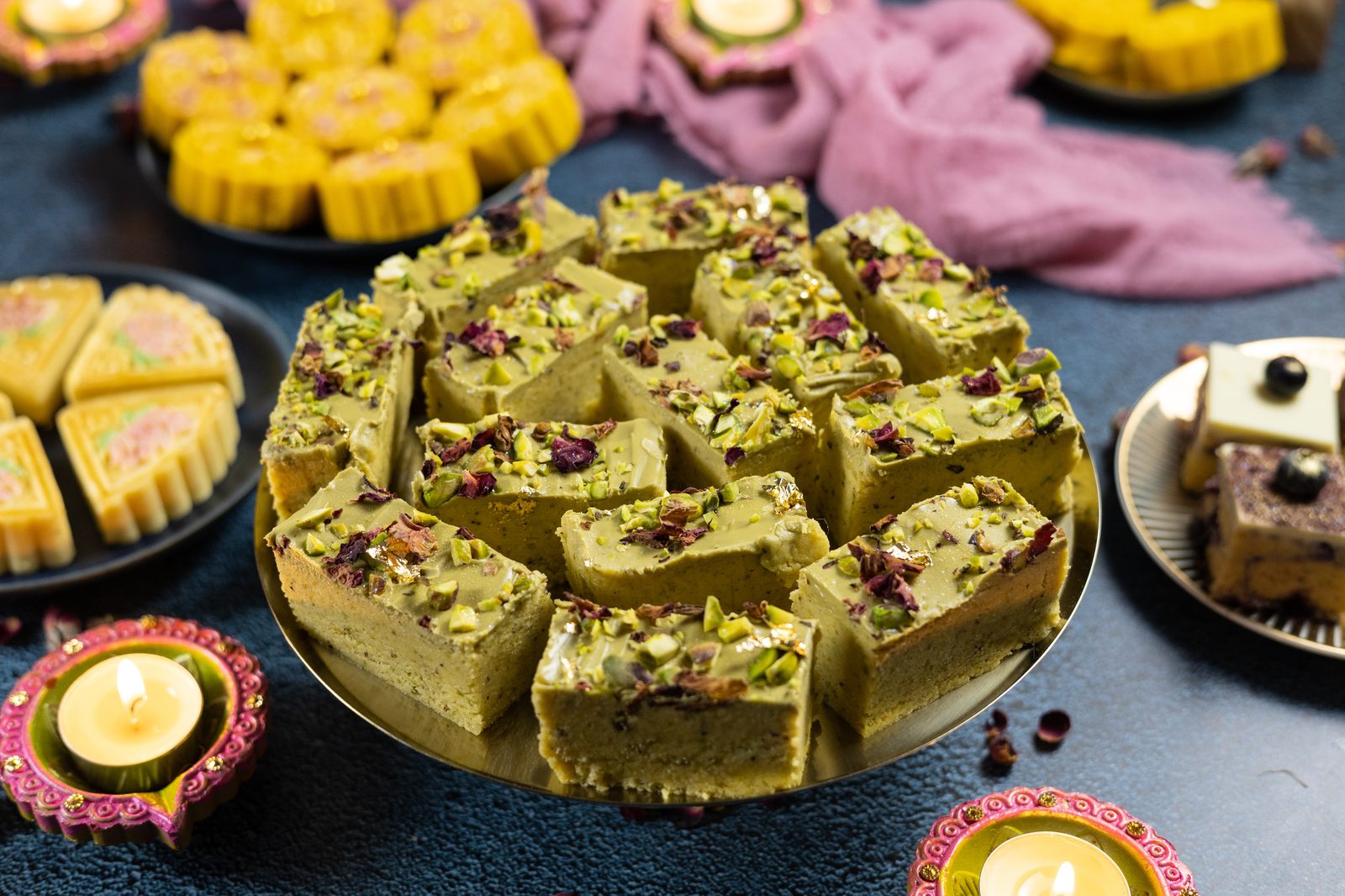 A cake stand piled with pistachio burfee on a Diwali table, with mango burfee and blueberry ripple burfee around it