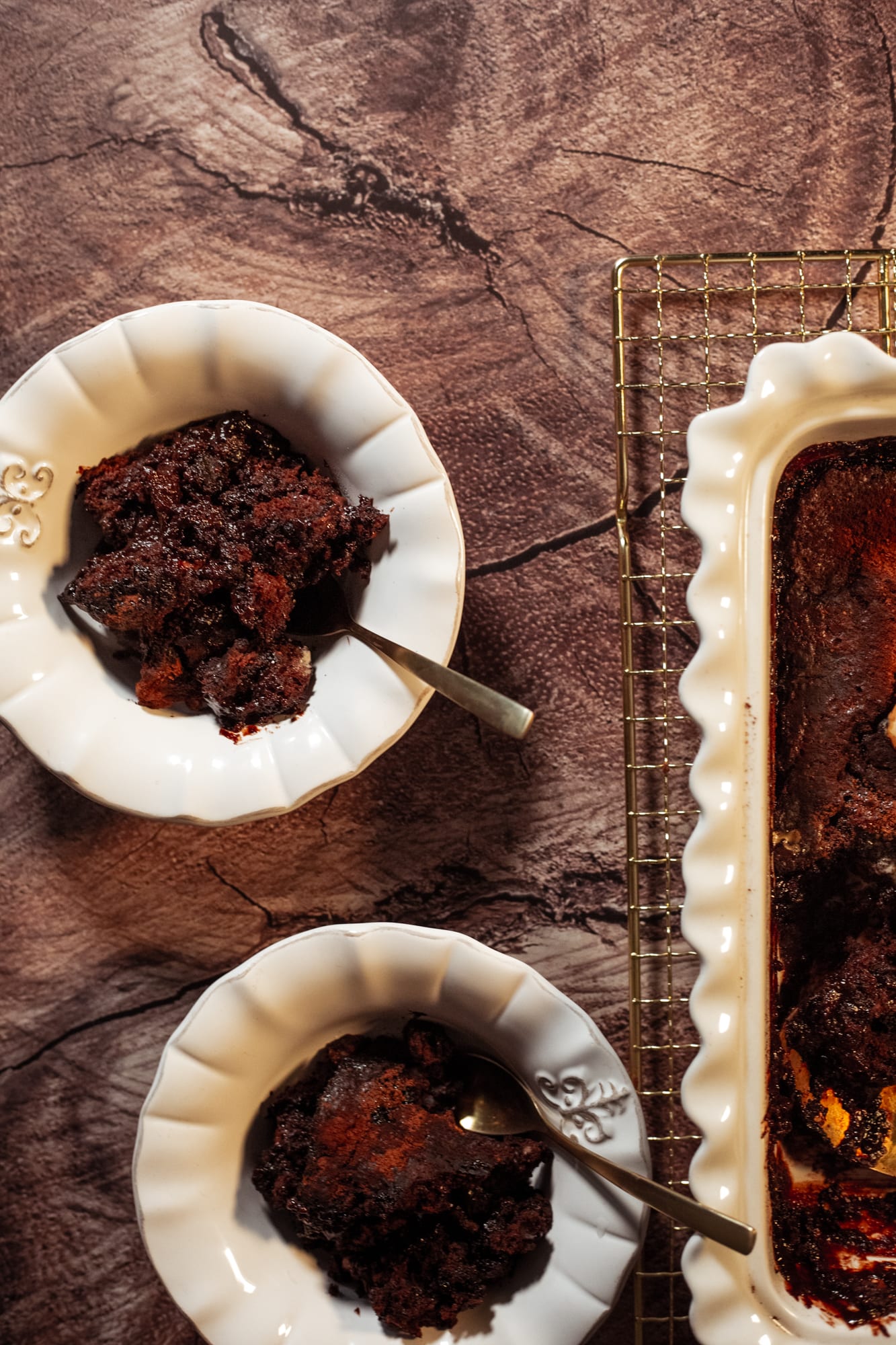 Bowls of chocolate pudding, from above