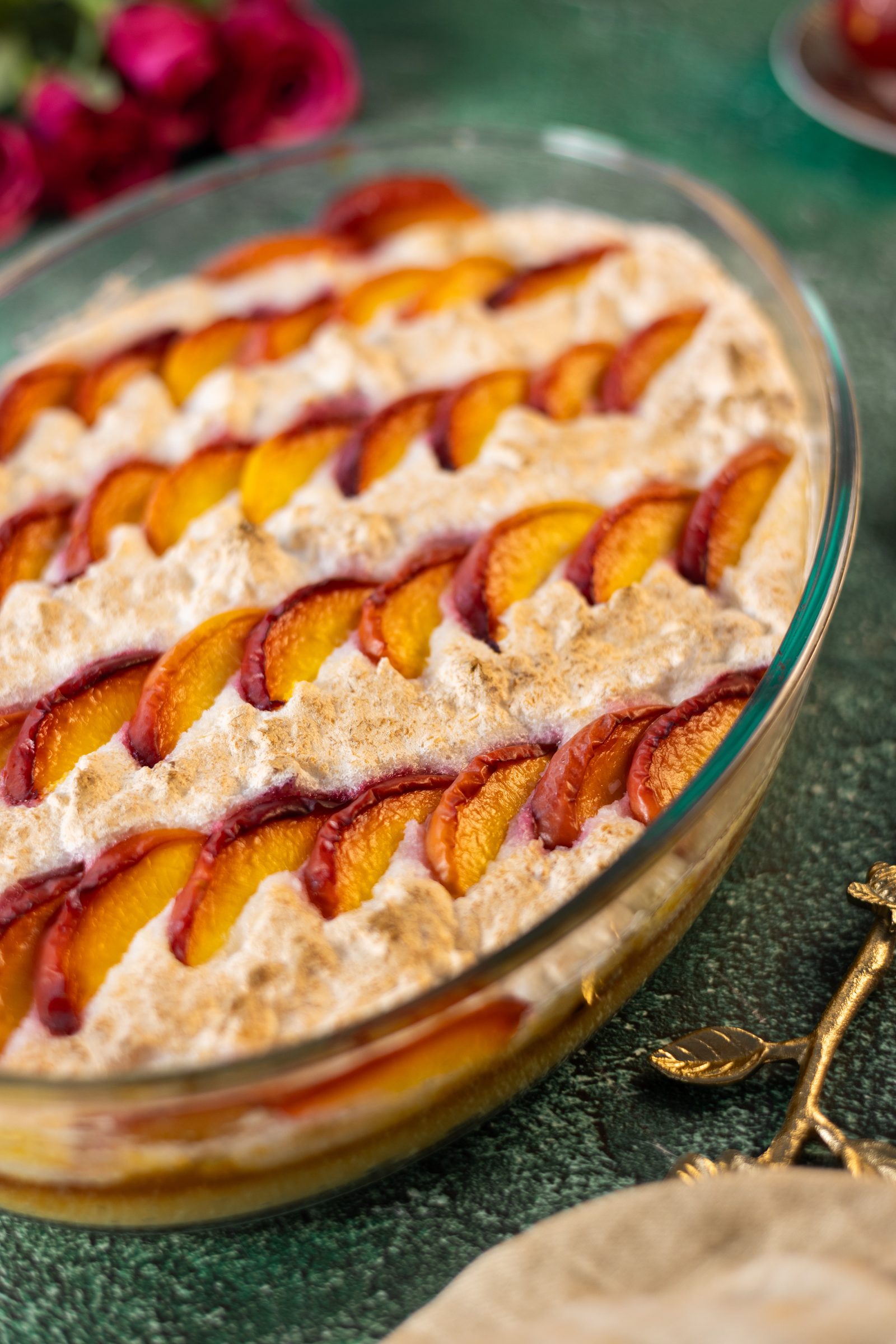 The whole Fehmz coconut pudding from the side in a glass dish