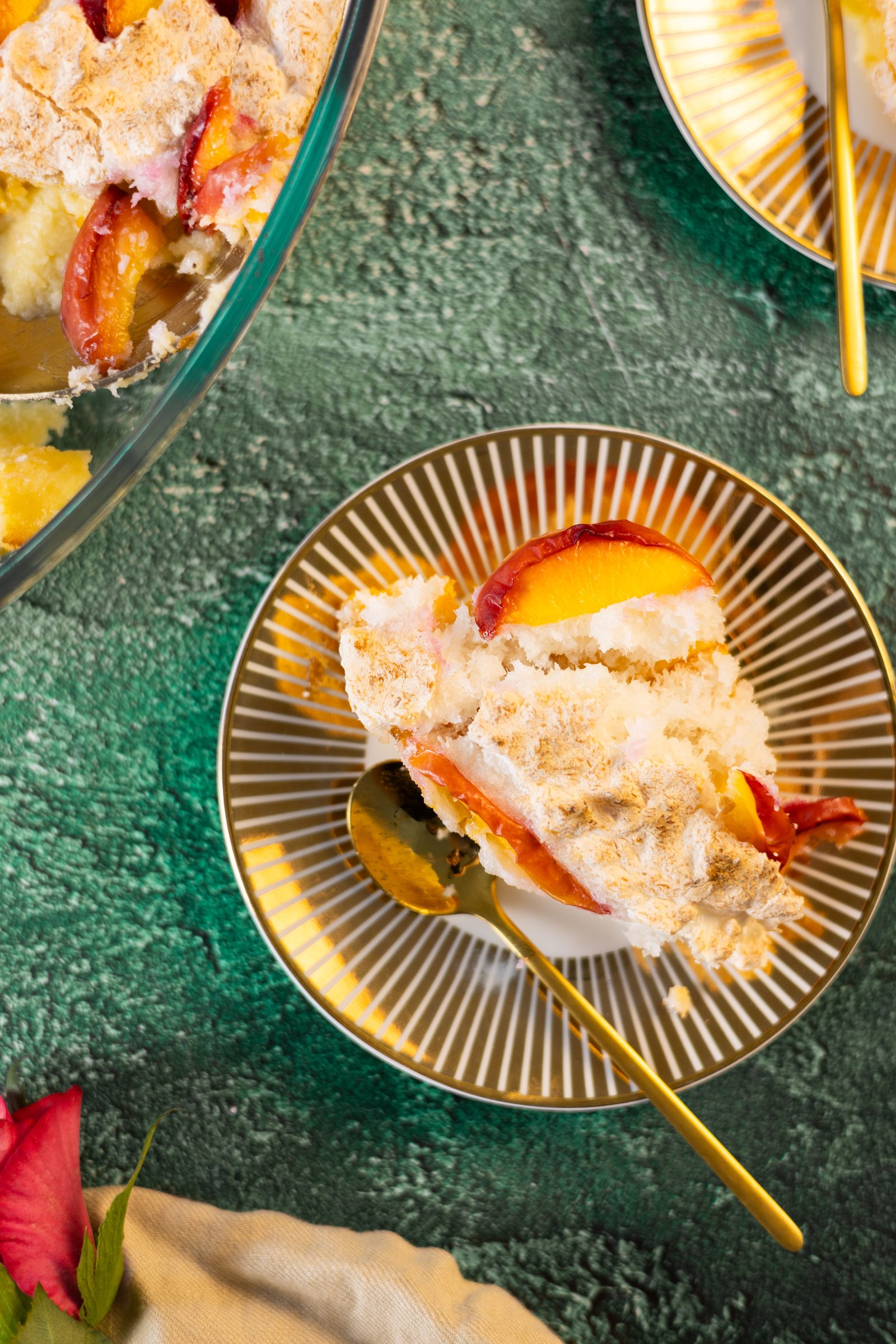 A serving of Fehmz coconut pudding from above on a striped gold plate