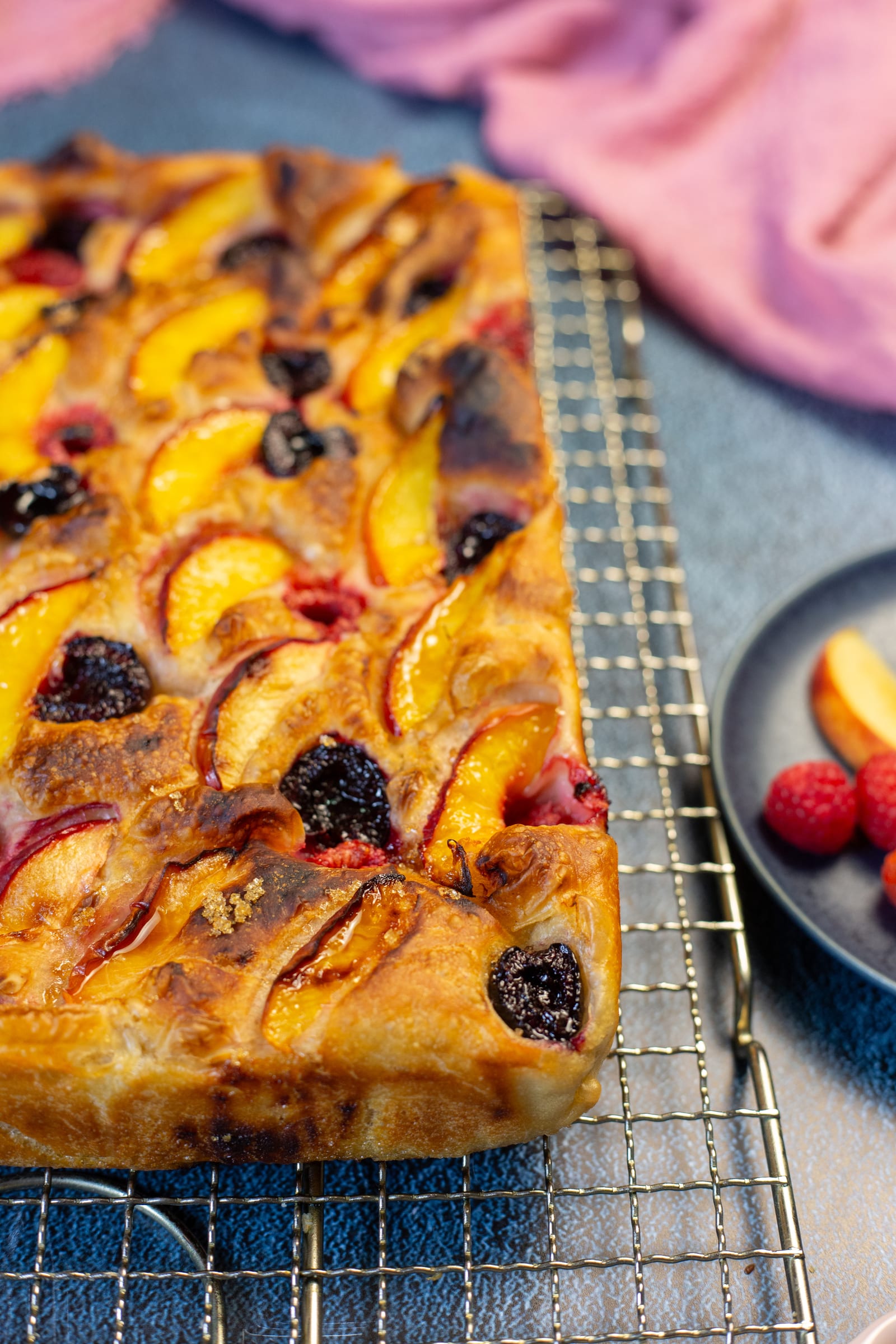 The golden baked focaccia, studded with nectarines