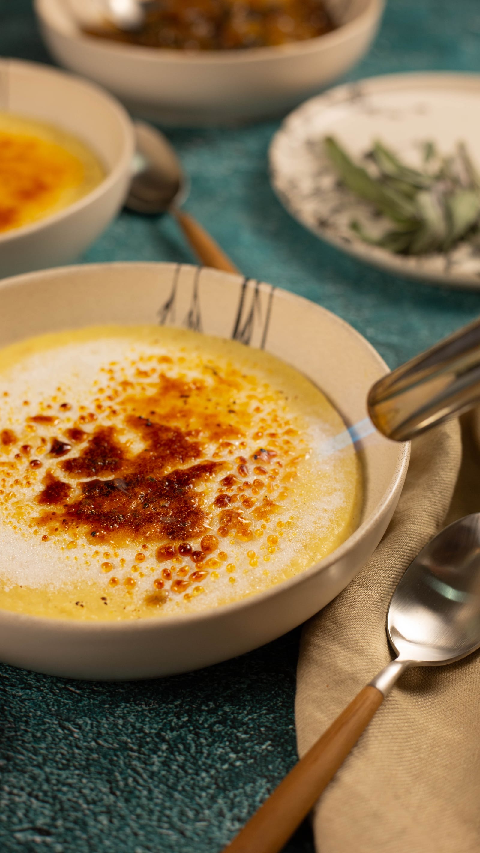 The rice pudding with a caramelised sugar top, before the toppings