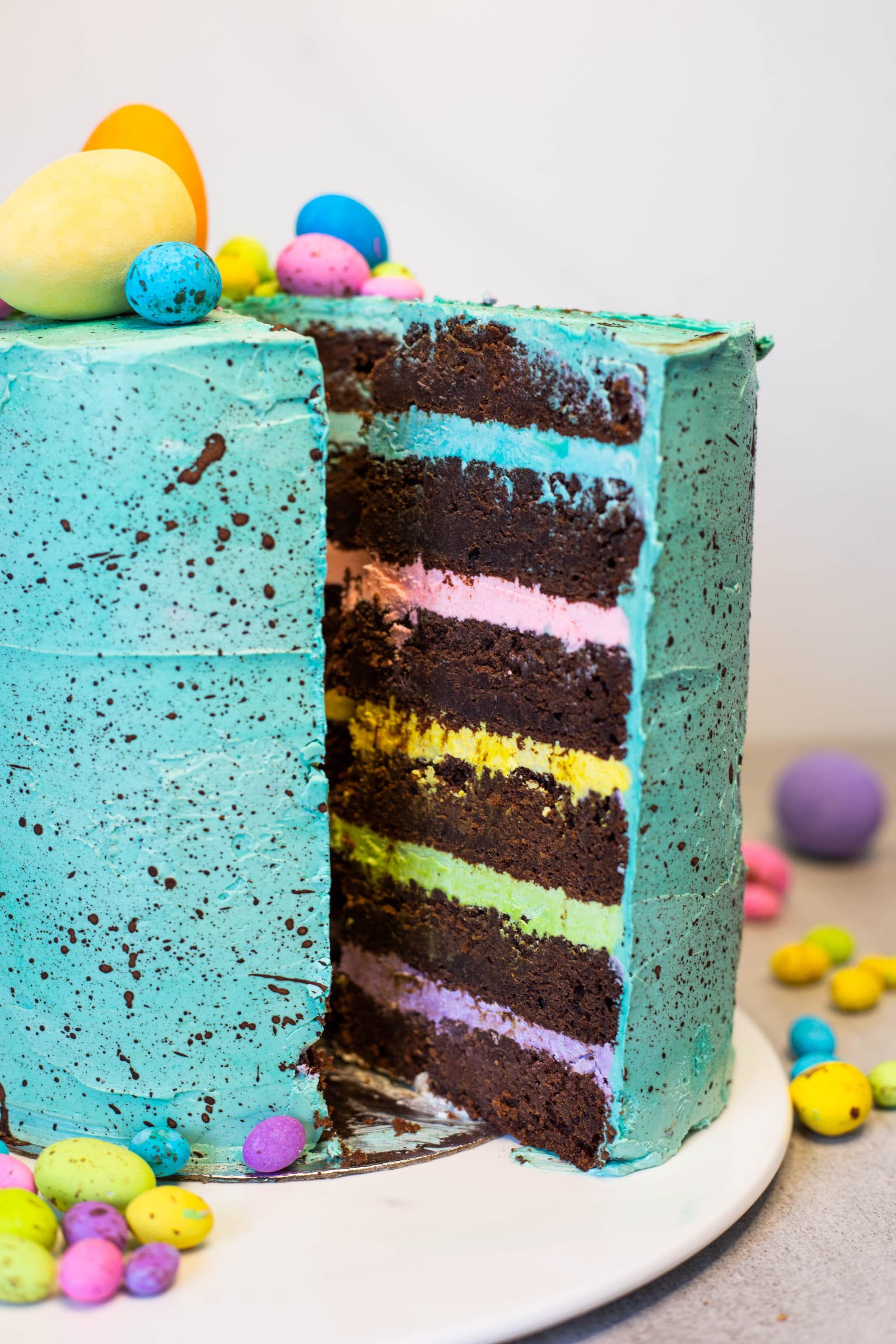 Close-up of the chocolate and pastel buttercream layers in a cut speckled egg cake
