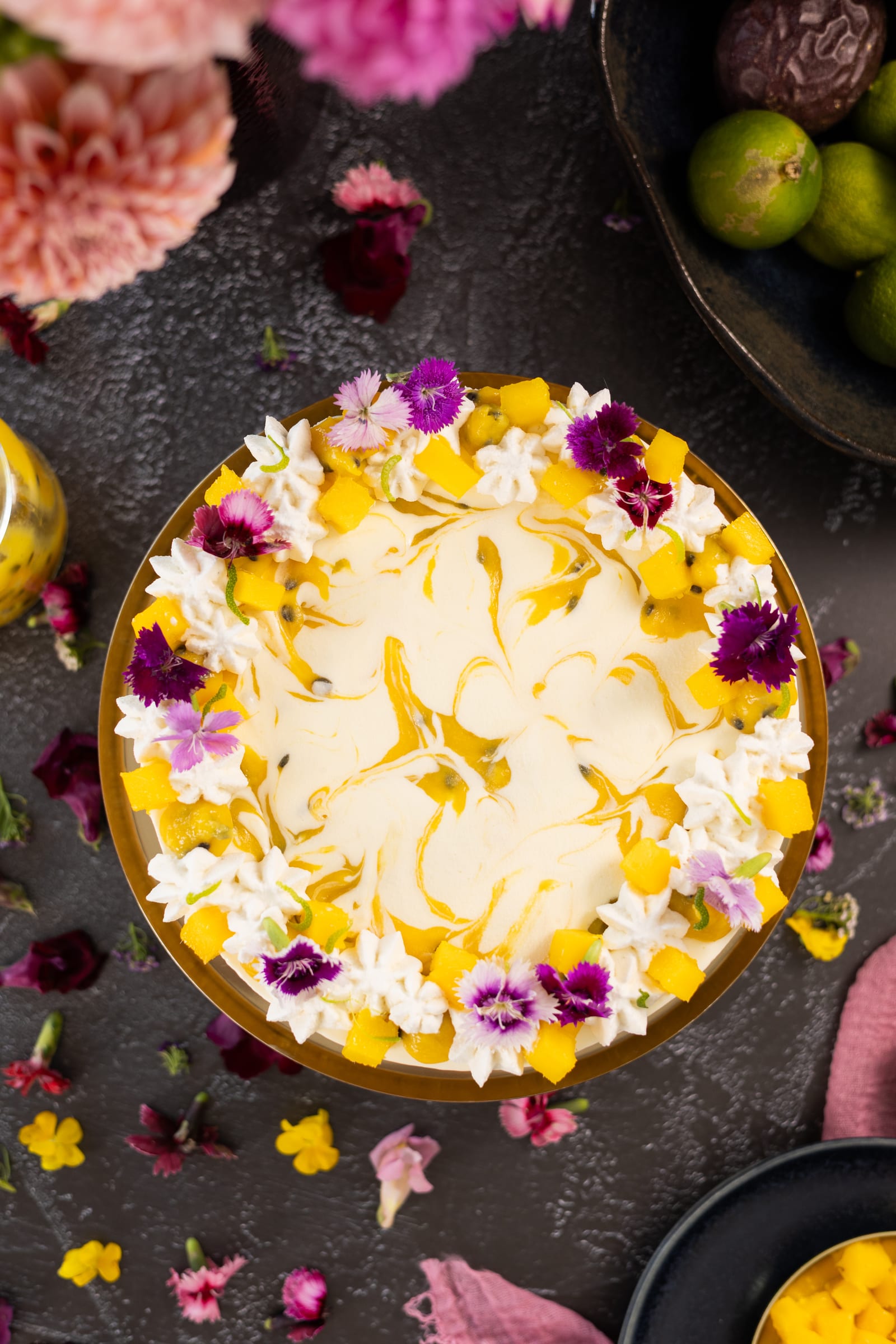 The ice cream cake from above, swirled with passionfruit curd
