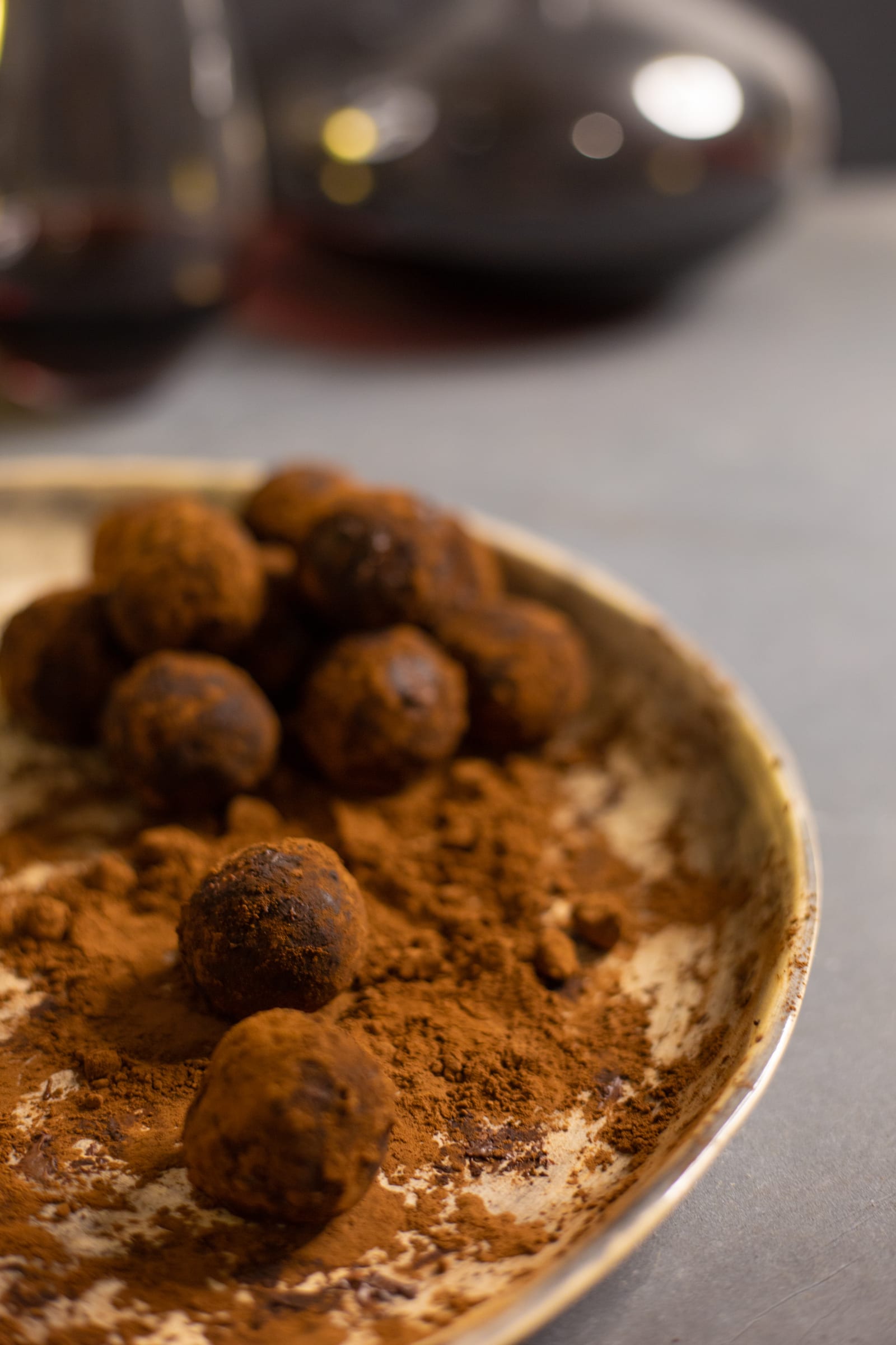Close-up of rum and raisin truffles rolled in cocoa powder