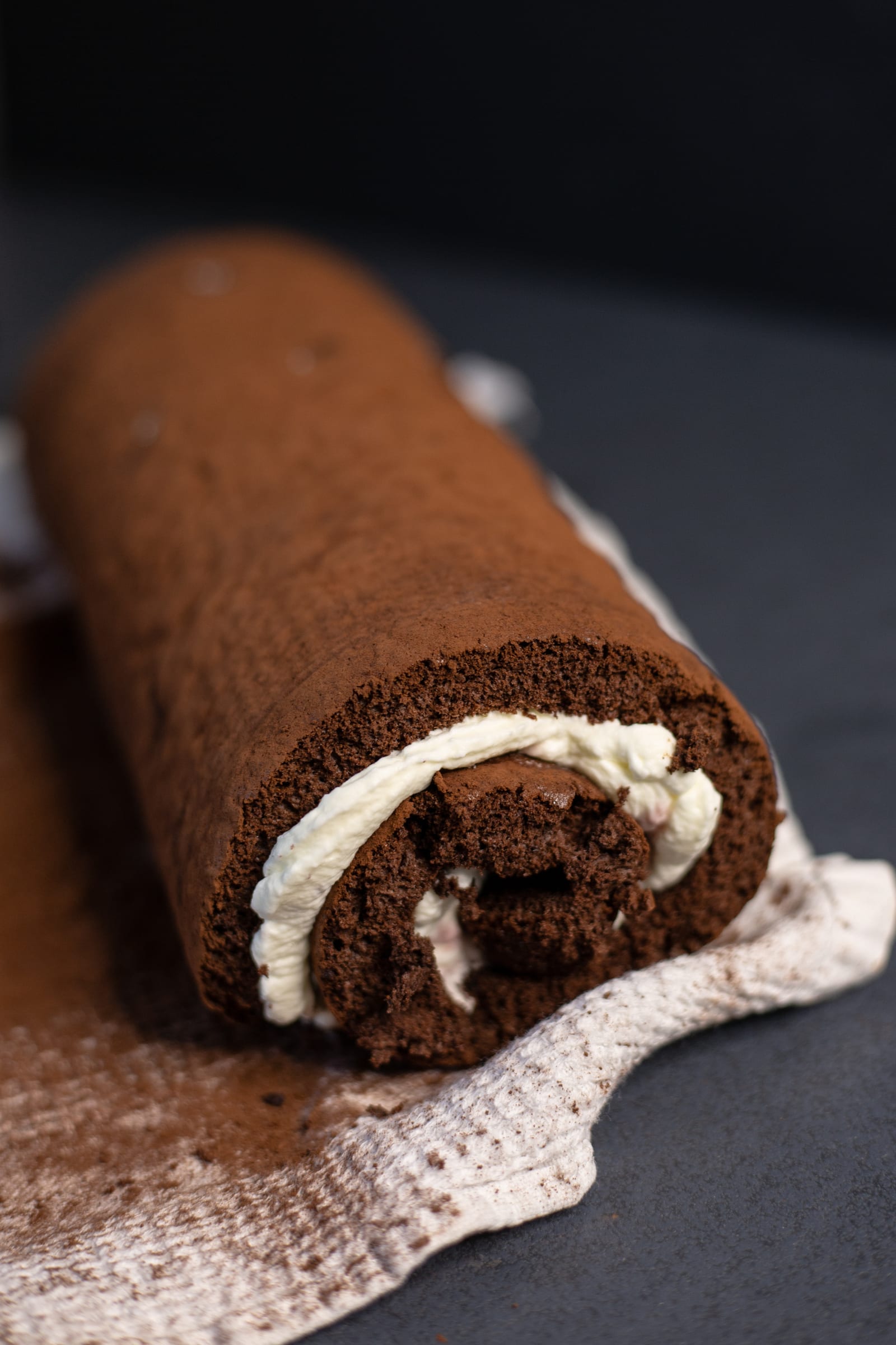 The rolled Black Forest Swiss roll, showing the spiral at its end
