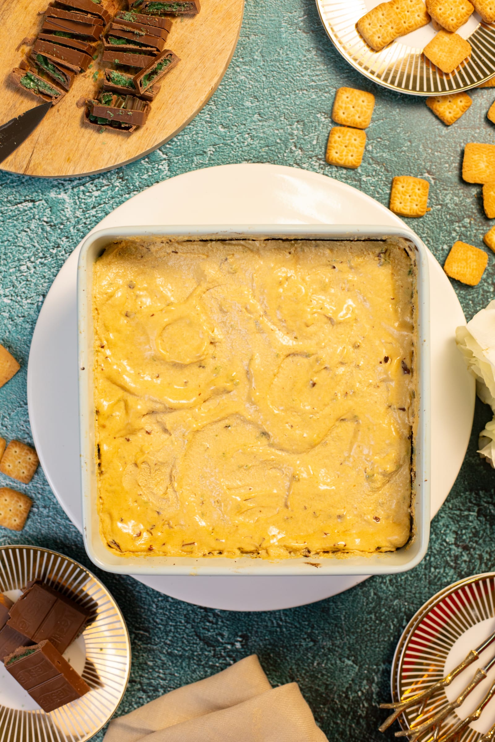 The traybake frosted in its tin, from above