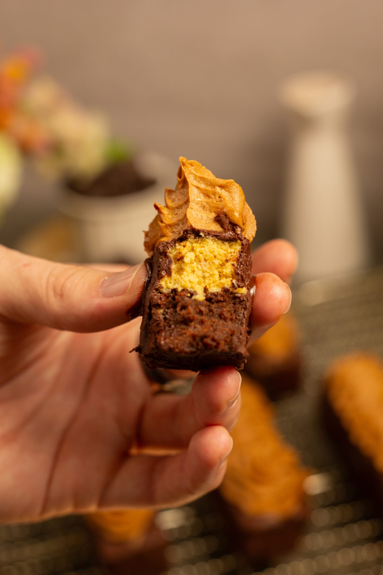 A hand holding a bitten channa magaj and chocolate brownie finger, showing the layers inside